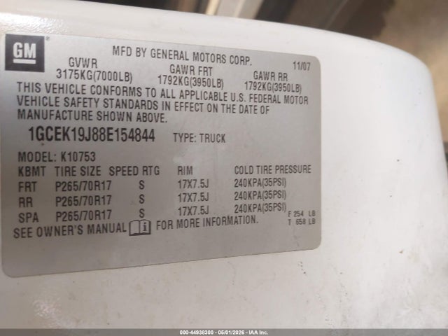 Aukcja sprzedaży 2008 Chevrolet Silverado 1500 Work Truck, vin: 1GCEK19J88E154844, numer aukcji: 44938300
