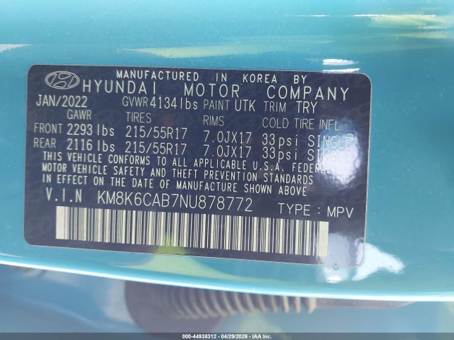 44938312 :رقم المزاد ، KM8K6CAB7NU878772 vin ، 2022 Hyundai Kona Sel مزاد بيع