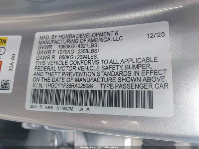Продаж на аукціоні авто 2024 Honda Accord Ex, vin: 1HGCY1F38RA028084, номер лоту: 44938349