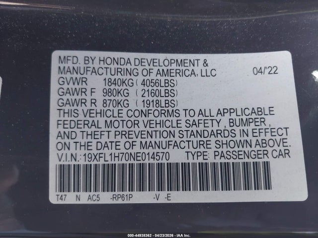 Aukcja sprzedaży 2022 Honda Civic Ex-l, vin: 19XFL1H70NE014570, numer aukcji: 44938362