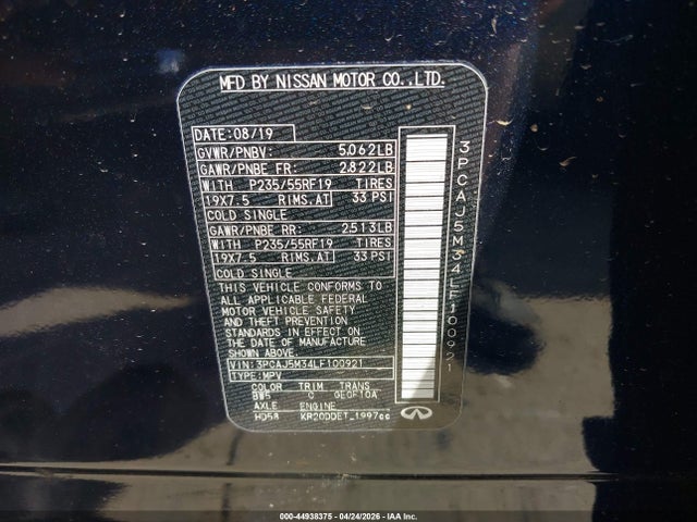 44938375 :رقم المزاد ، 3PCAJ5M34LF100921 vin ، 2020 Infiniti Qx50 Essential Awd مزاد بيع