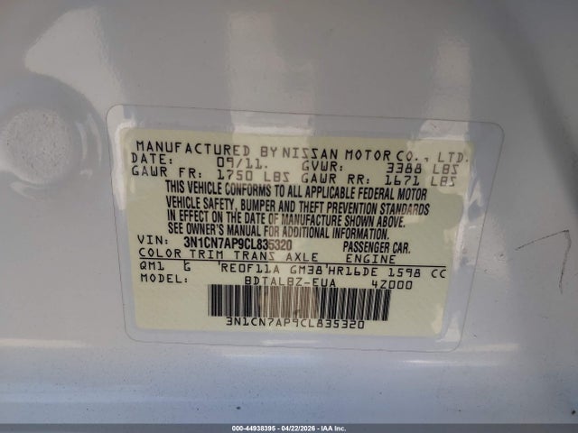 Продаж на аукціоні авто 2012 Nissan Versa 1.6 Sv, vin: 3N1CN7AP9CL835320, номер лоту: 44938395