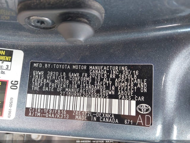 2T1BURHE2GC692375 Toyota Corolla L/le/le Pls/prm/s/s Pls
