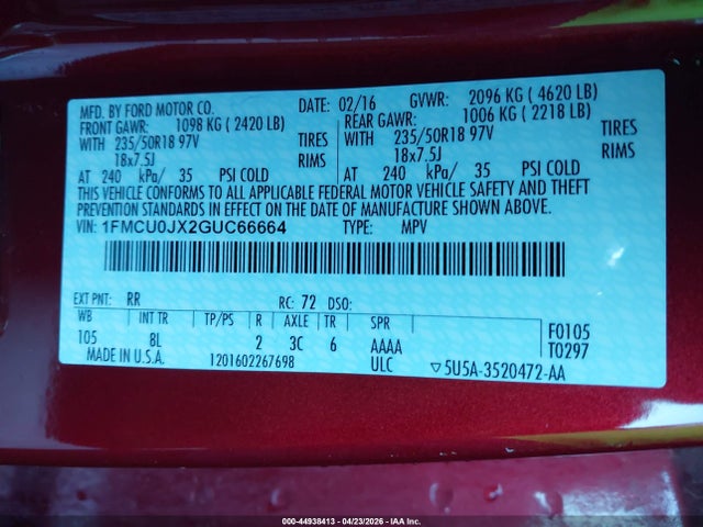 Ford Escape Titanium 2016 1FMCU0JX2GUC66664 Image 9