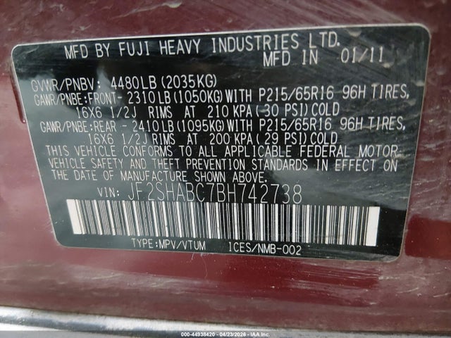 Aukcja sprzedaży 2011 Subaru Forester 2.5x, vin: JF2SHABC7BH742738, numer aukcji: 44938420