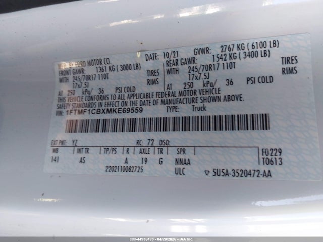 44938490 :رقم المزاد ، 1FTMF1CBXMKE69559 vin ، 2021 Ford F-150 Xl مزاد بيع