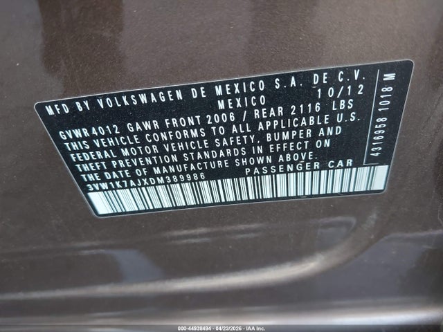 2013 Volkswagen Jetta 2.0l S მანქანა იყიდება აუქციონზე, vin: 3VW1K7AJXDM389986, აუქციონის ნომერი: 44938494