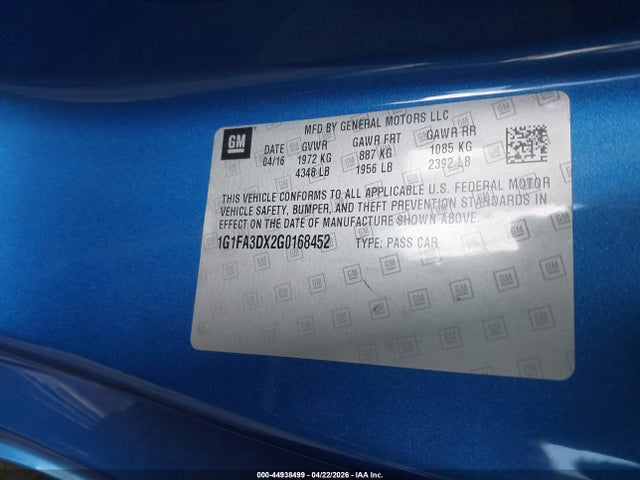 1G1FA3DX2G0168452 Chevrolet Camaro 1lt