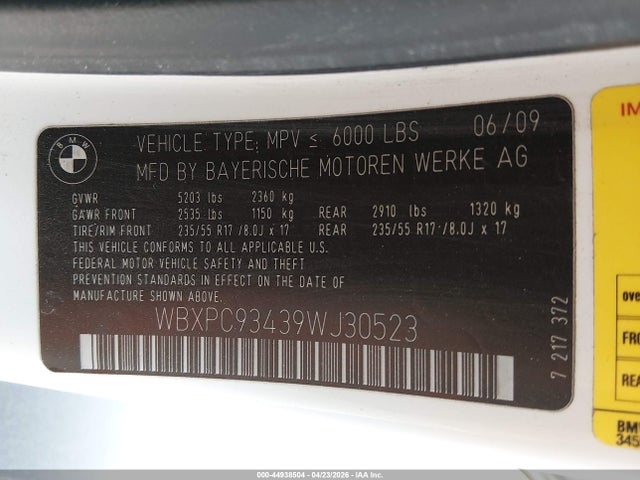 44938504 :رقم المزاد ، WBXPC93439WJ30523 vin ، 2009 Bmw X3 Xdrive30i مزاد بيع