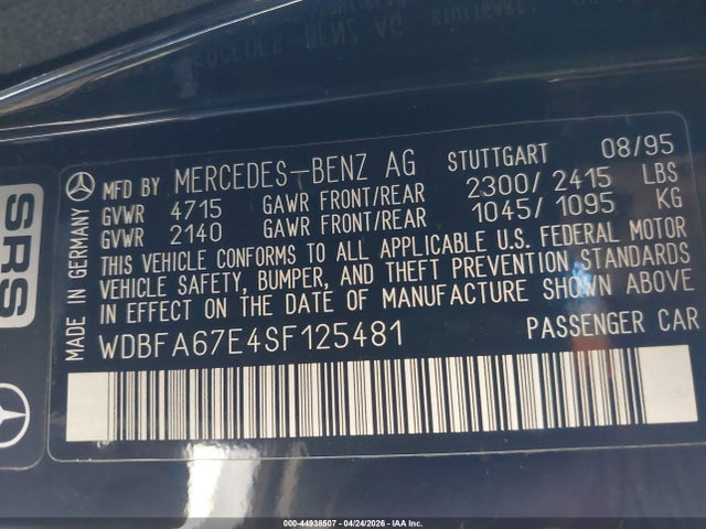 1995 Mercedes-benz Sl 500 მანქანა იყიდება აუქციონზე, vin: WDBFA67E4SF125481, აუქციონის ნომერი: 44938507