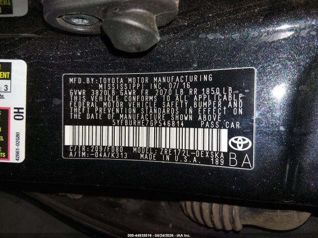 Auction sale of the 2016 Toyota Corolla S Plus, vin: 5YFBURHE7GP546814, lot number: 44938516