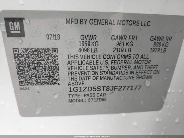 Продаж на аукціоні авто 2018 Chevrolet Malibu Lt, vin: 1G1ZD5ST8JF277177, номер лоту: 44938530