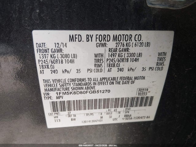 44938537 :رقم المزاد ، 1FM5K8D80FGB51270 vin ، 2015 Ford Explorer Xlt مزاد بيع