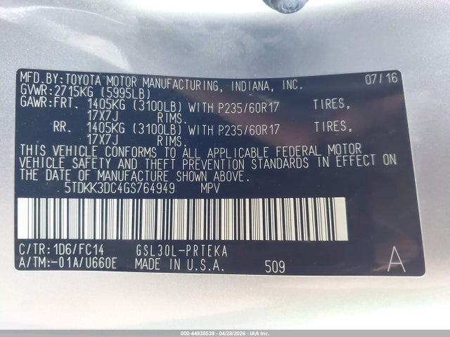5TDKK3DC4GS764949 Toyota Sienna Le 8 Passenger