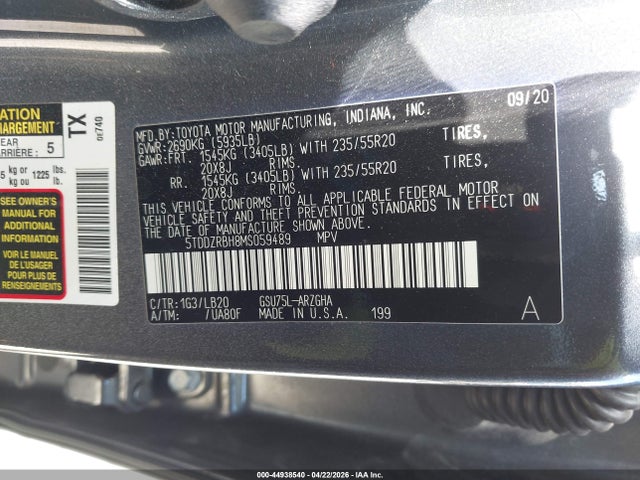 44938540 :رقم المزاد ، 5TDDZRBH8MS059489 vin ، 2021 Toyota Highlander Limited مزاد بيع