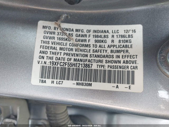 44938545 :رقم المزاد ، 19XFC2F55HE213867 vin ، 2017 Honda Civic Lx مزاد بيع