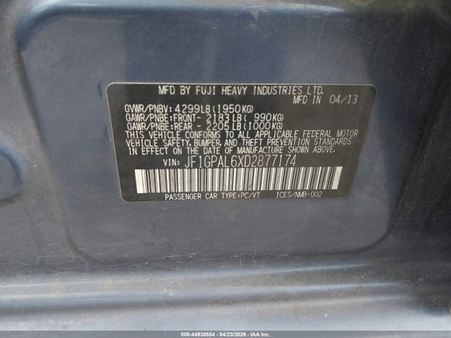 44938554 :رقم المزاد ، JF1GPAL6XD2877174 vin ، 2013 Subaru Impreza 2.0i Sport Premium مزاد بيع