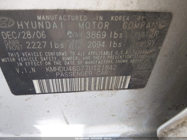 Aukcja sprzedaży 2007 Hyundai Elantra Gls/limited/se, vin: KMHDU46D77U121842, numer aukcji: 44938555