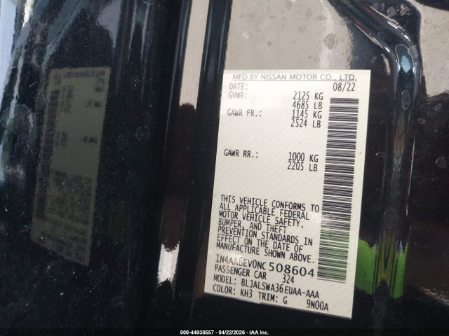 Aukcja sprzedaży 2022 Nissan Maxima Sr Xtronic Cvt, vin: 1N4AA6EV0NC508604, numer aukcji: 44938557