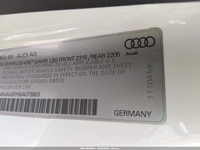 44938558 :رقم المزاد ، WAUAUGFF6KA073803 vin ، 2019 Audi A3 40 Premium/40 Titanium Premium مزاد بيع