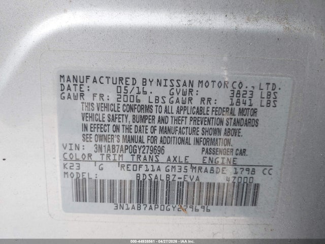 44938561 :رقم المزاد ، 3N1AB7AP0GY279696 vin ، 2016 Nissan Sentra Fe+ S/s/sl/sr/sv مزاد بيع