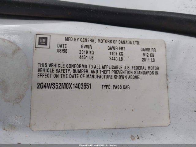 Продаж на аукціоні авто 1999 Buick Century Custom, vin: 2G4WS52M0X1403651, номер лоту: 44938562