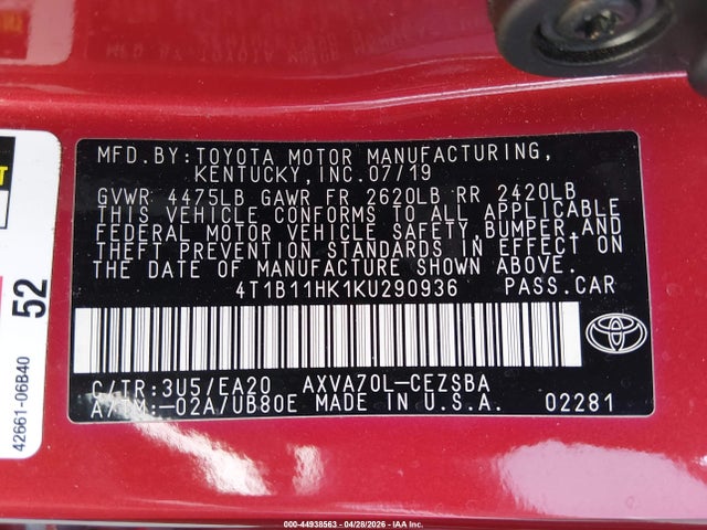 4T1B11HK1KU290936 Toyota CAMRY SE