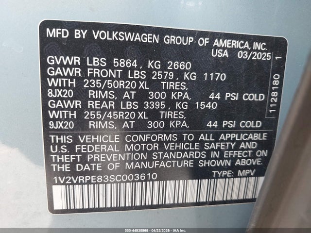 Aukcja sprzedaży 2025 Volkswagen Id.4 Pro S, vin: 1V2VRPE83SC003610, numer aukcji: 44938565