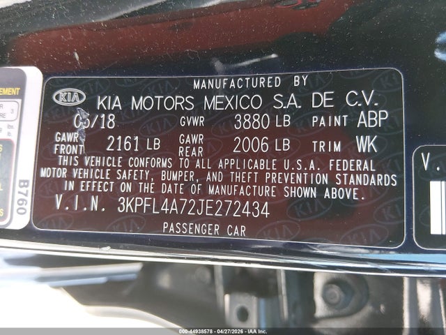 Продажа на аукционе авто 2018 Kia Forte Lx, vin: 3KPFL4A72JE272434, номер лота: 44938578