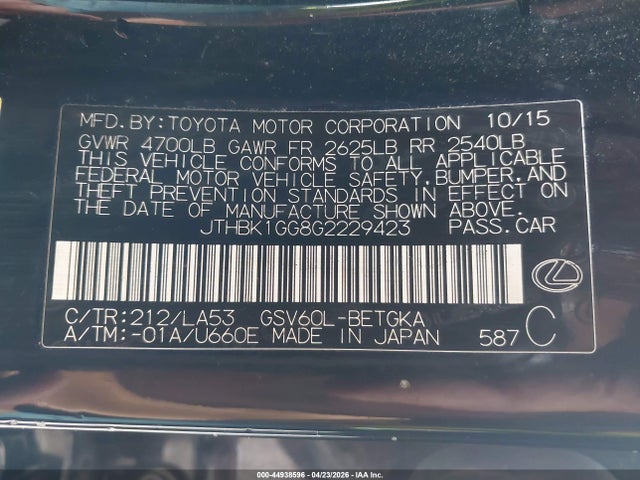44938596 :رقم المزاد ، JTHBK1GG8G2229423 vin ، 2016 Lexus Es 350 مزاد بيع