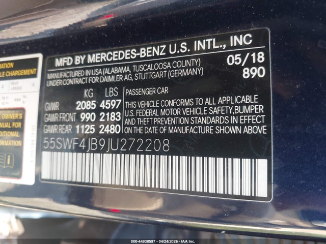 44938597 :رقم المزاد ، 55SWF4JB9JU272208 vin ، 2018 Mercedes-benz C 300 مزاد بيع