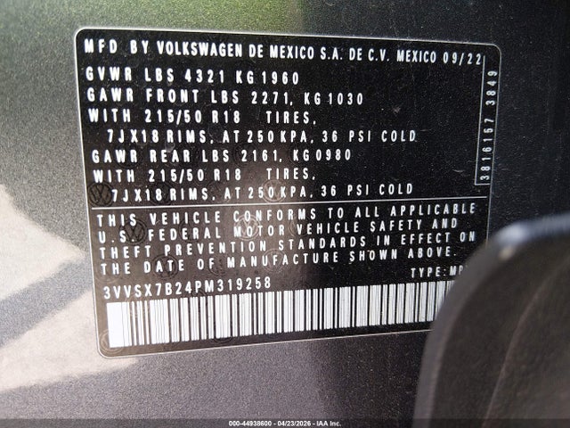 44938600 :رقم المزاد ، 3VVSX7B24PM319258 vin ، 2023 Volkswagen Taos 1.5t Se مزاد بيع