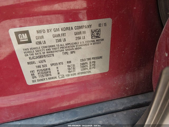 44938626 :رقم المزاد ، KL4CJASB5FB152278 vin ، 2015 Buick Encore مزاد بيع