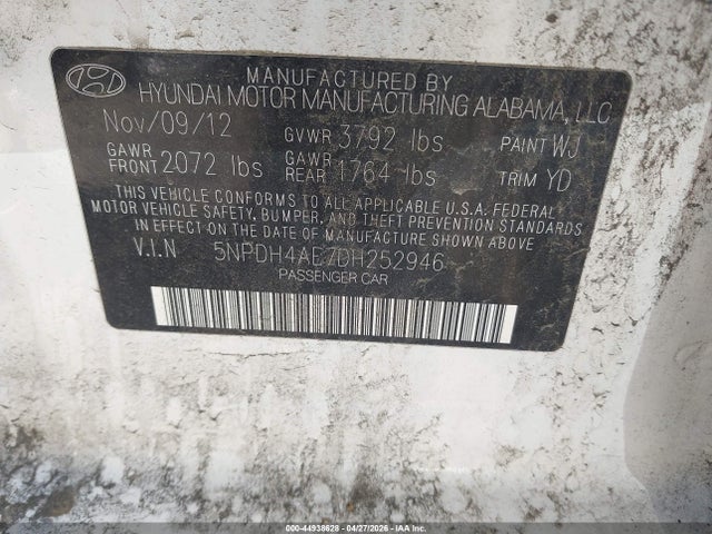 44938628 :رقم المزاد ، 5NPDH4AE7DH252946 vin ، 2013 Hyundai Elantra Gls مزاد بيع