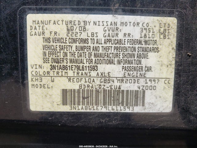 2009 Nissan Sentra 2.0 მანქანა იყიდება აუქციონზე, vin: 3N1AB61E79L611593, აუქციონის ნომერი: 44938636