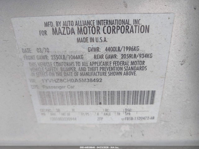 44938646 :رقم المزاد ، 1YVHZ8CH0A5M38492 vin ، 2010 Mazda Mazda6 I Touring مزاد بيع