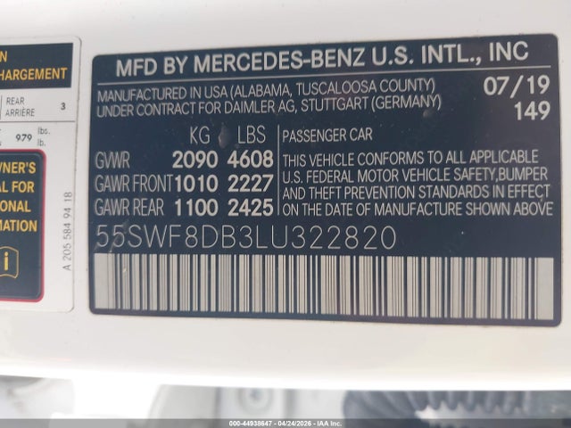 44938647 :رقم المزاد ، 55SWF8DB3LU322820 vin ، 2020 Mercedes-benz C 300 مزاد بيع