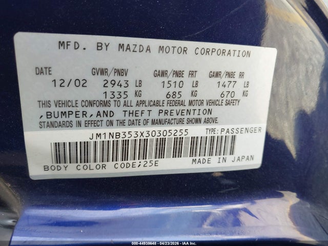Продажа на аукционе авто 2003 Mazda Mx-5 Miata Cloth/ls/se/shinsen, vin: JM1NB353X30305255, номер лота: 44938648