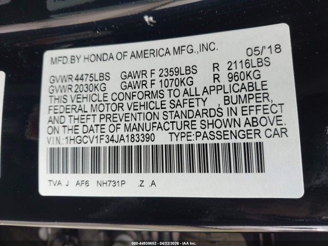 1HGCV1F34JA183390 Honda Accord Sport