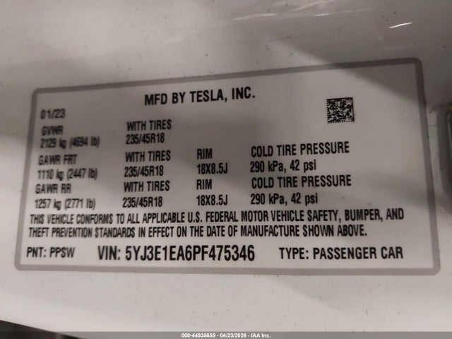 2023 Tesla Model 3 Rear-wheel Drive მანქანა იყიდება აუქციონზე, vin: 5YJ3E1EA6PF475346, აუქციონის ნომერი: 44938659