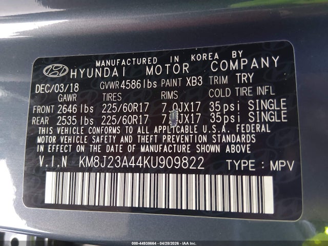 Продажа на аукционе авто 2019 Hyundai Tucson Se, vin: KM8J23A44KU909822, номер лота: 44938664