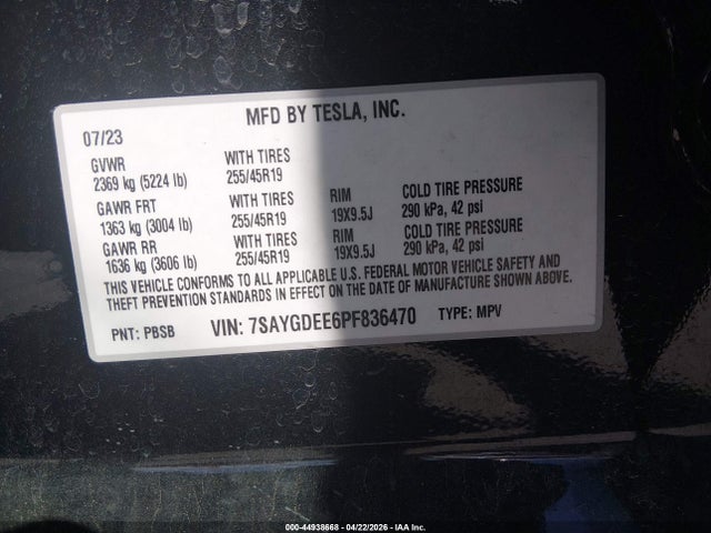 Aukcja sprzedaży 2023 Tesla Model Y Awd/long Range Dual Motor All-wheel Drive, vin: 7SAYGDEE6PF836470, numer aukcji: 44938668