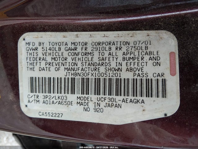 44938670 :رقم المزاد ، JTHBN30FX10051201 vin ، 2001 Lexus Ls 430 مزاد بيع