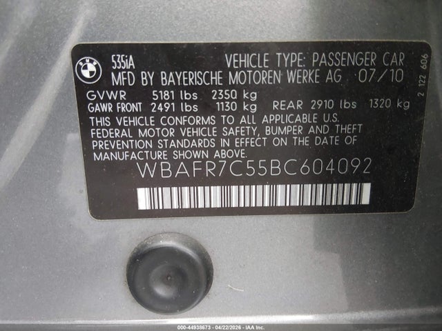 Продажа на аукционе авто 2011 Bmw 535i, vin: WBAFR7C55BC604092, номер лота: 44938673