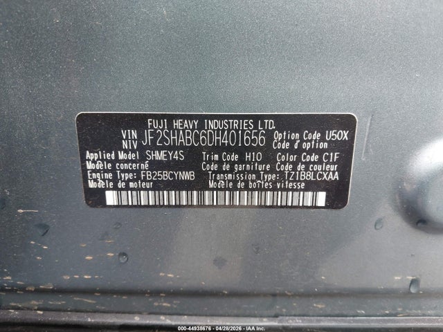 Aukcja sprzedaży 2013 Subaru Forester 2.5x, vin: JF2SHABC6DH401656, numer aukcji: 44938676