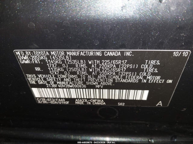 Aukcja sprzedaży 2011 Toyota Rav4, vin: 2T3BF4DV2BW090836, numer aukcji: 44938678