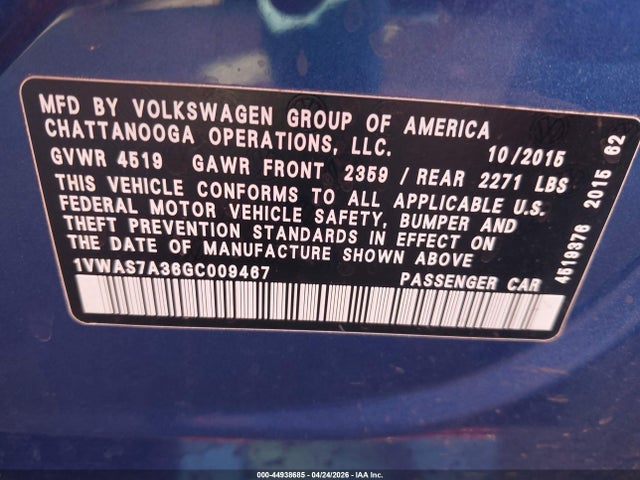 44938685 :رقم المزاد ، 1VWAS7A36GC009467 vin ، 2016 Volkswagen Passat 1.8t S مزاد بيع