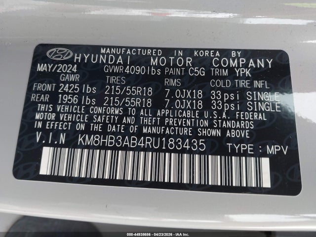 44938686 :رقم المزاد ، KM8HB3AB4RU183435 vin ، 2024 Hyundai Kona Sel مزاد بيع