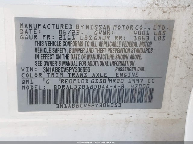 Aukcja sprzedaży 2023 Nissan Sentra Sv Xtronic Cvt, vin: 3N1AB8CV5PY306053, numer aukcji: 44938699