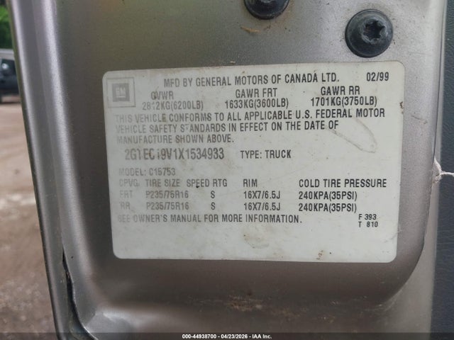 1999 Gmc Sierra 1500 Sle მანქანა იყიდება აუქციონზე, vin: 2GTEC19V1X1534933, აუქციონის ნომერი: 44938700